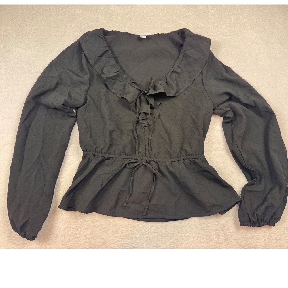 Old Navy Black Clip Dot Ruffle Tie Front Peplum Blouse M Tall 751868-00-1